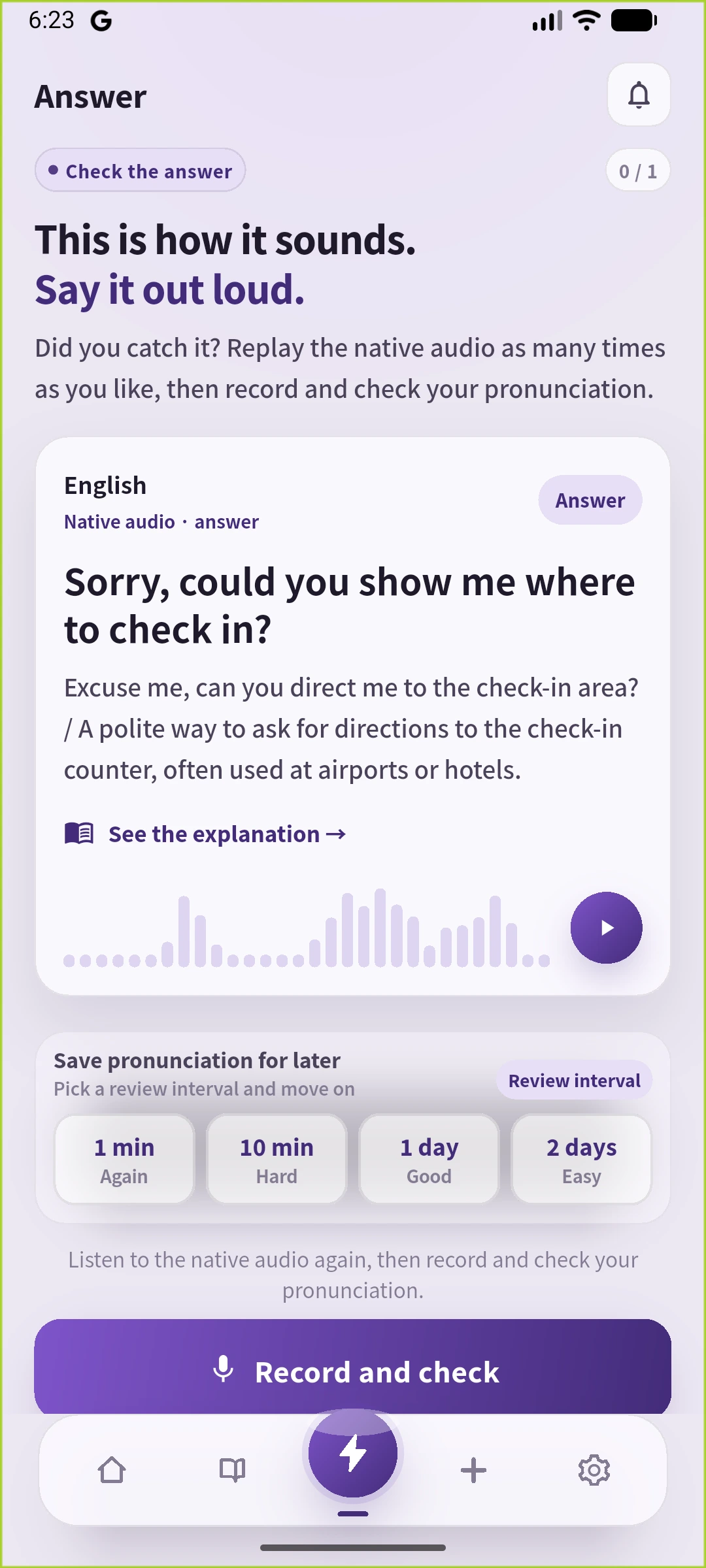 SpeakGainの英語UIで、受付場所を尋ねる英文、英語の生成解説、復習間隔を表示するAnswer画面