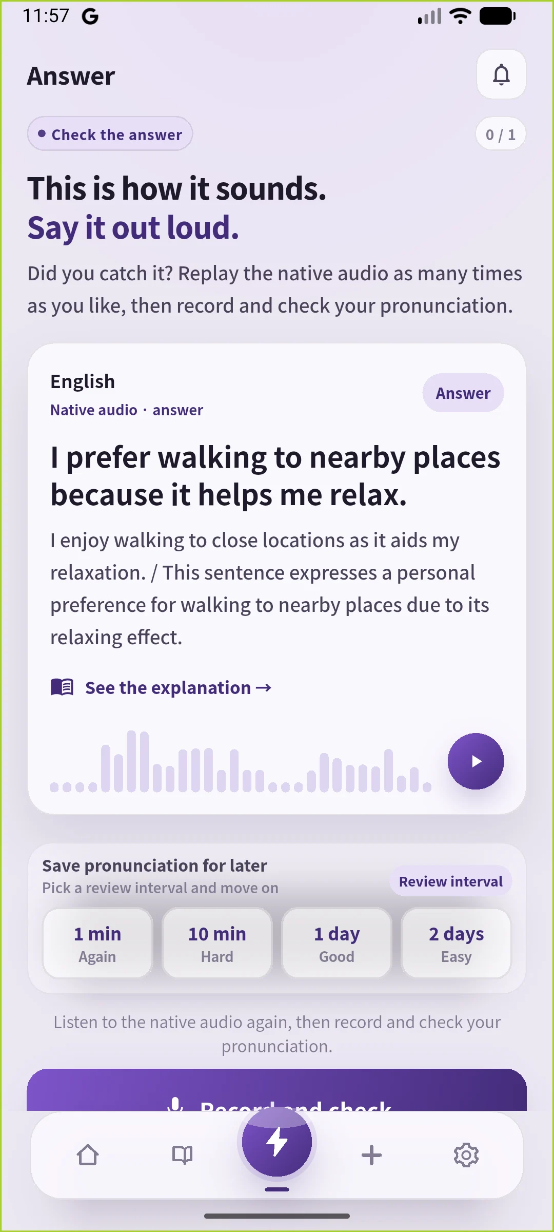実際のAnswer画面（英語表示・英語の生成説明）。保存した英文と再生ボタン、復習間隔の選択肢が表示されています。