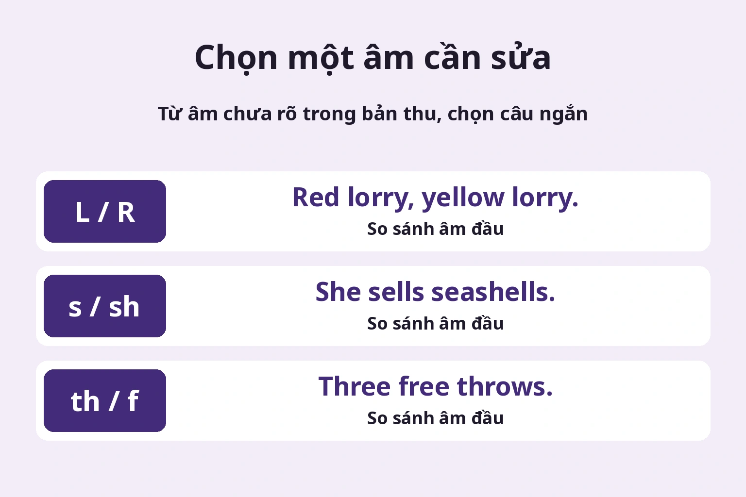 Chọn một âm cần kiểm tra, không cần luyện hết bảng.