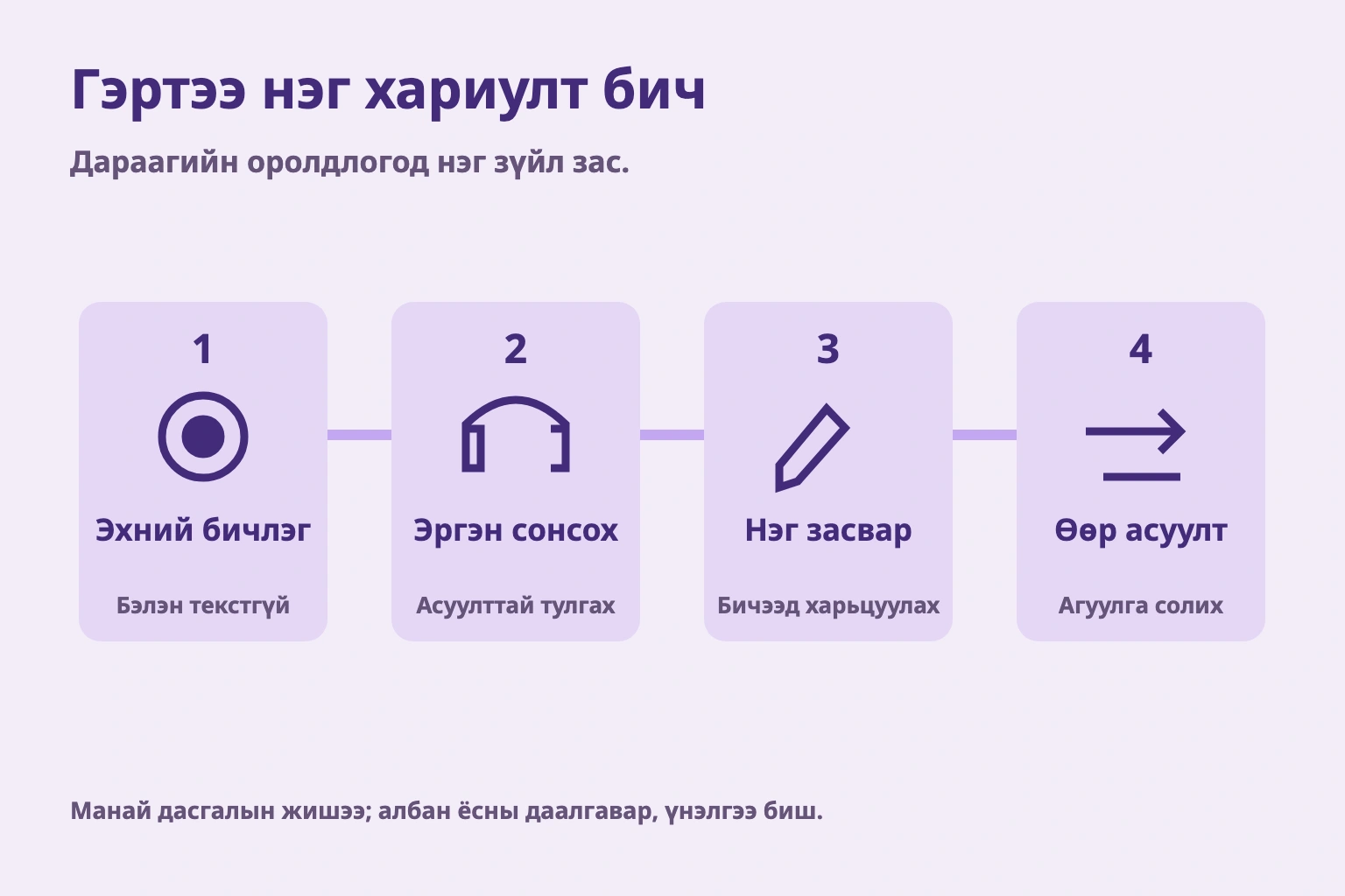 Гэртээ нэг хариулт бич. Дараагийн оролдлогод нэг зүйл зас. Манай дасгалын жишээ; албан ёсны даалгавар, үнэлгээ биш.