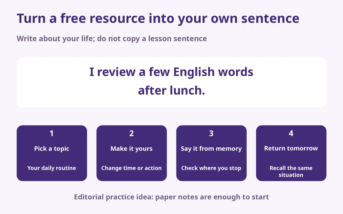 Turn a free resource into your own sentence: Write about your life; do not copy a lesson sentence