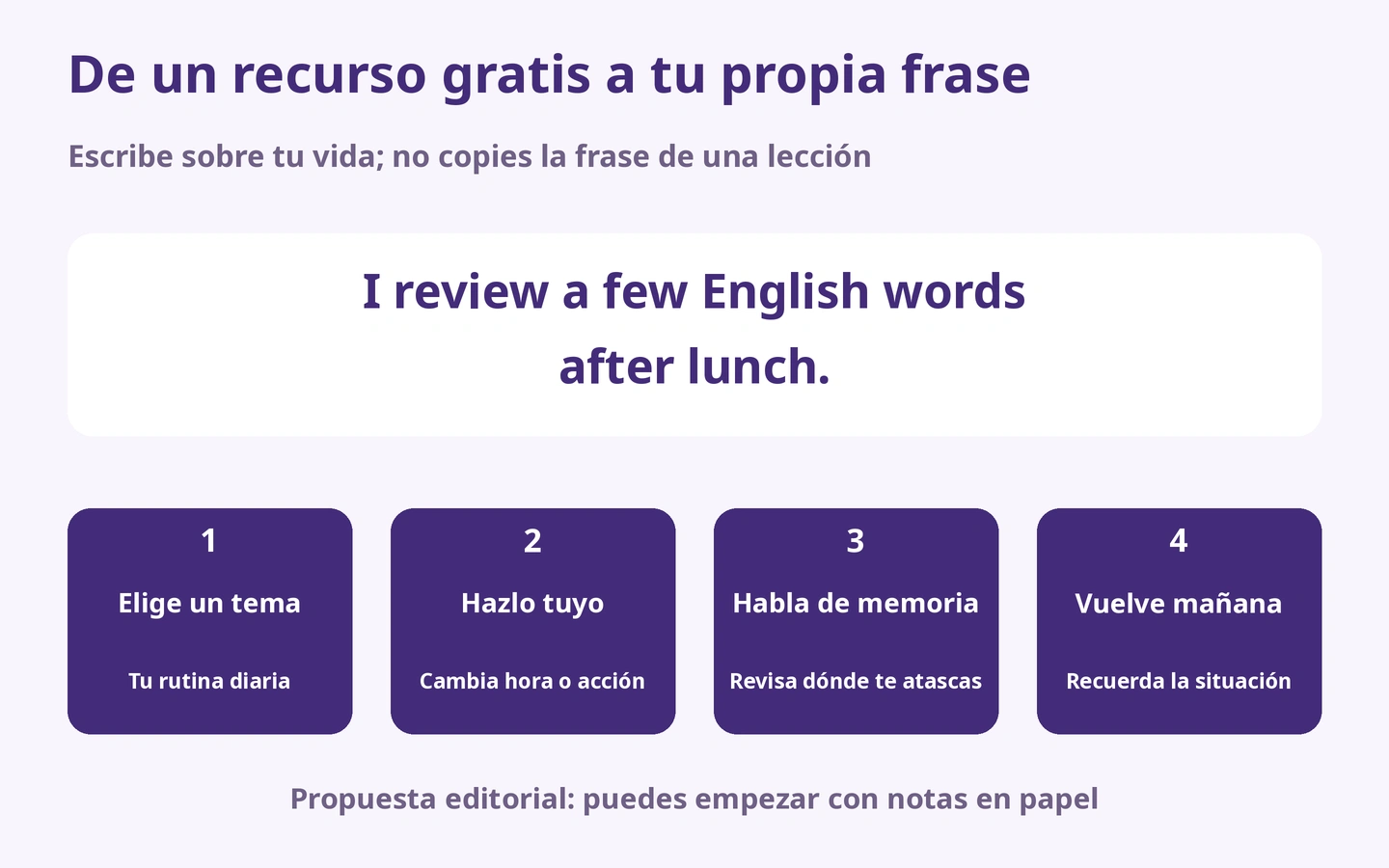 De un recurso gratis a tu propia frase: Escribe sobre tu vida; no copies la frase de una lección