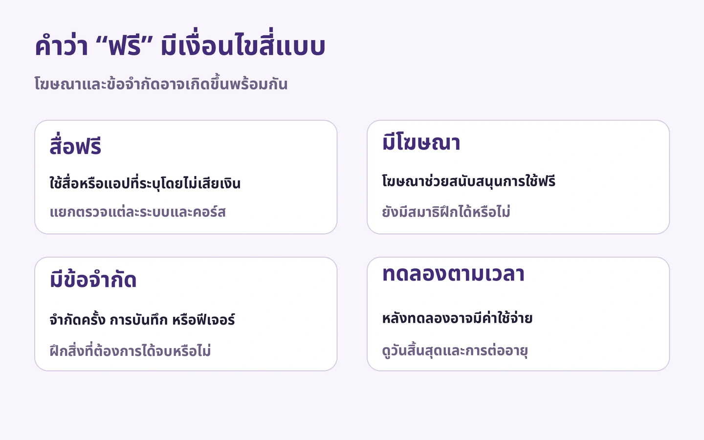 คำว่า “ฟรี” มีเงื่อนไขสี่แบบ: โฆษณาและข้อจำกัดอาจเกิดขึ้นพร้อมกัน
