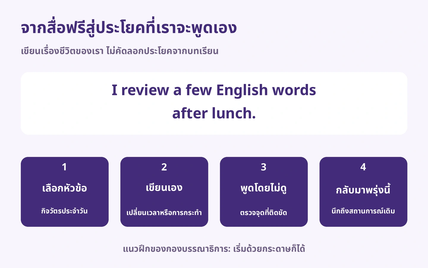 จากสื่อฟรีสู่ประโยคที่เราจะพูดเอง: เขียนเรื่องชีวิตของเรา ไม่คัดลอกประโยคจากบทเรียน