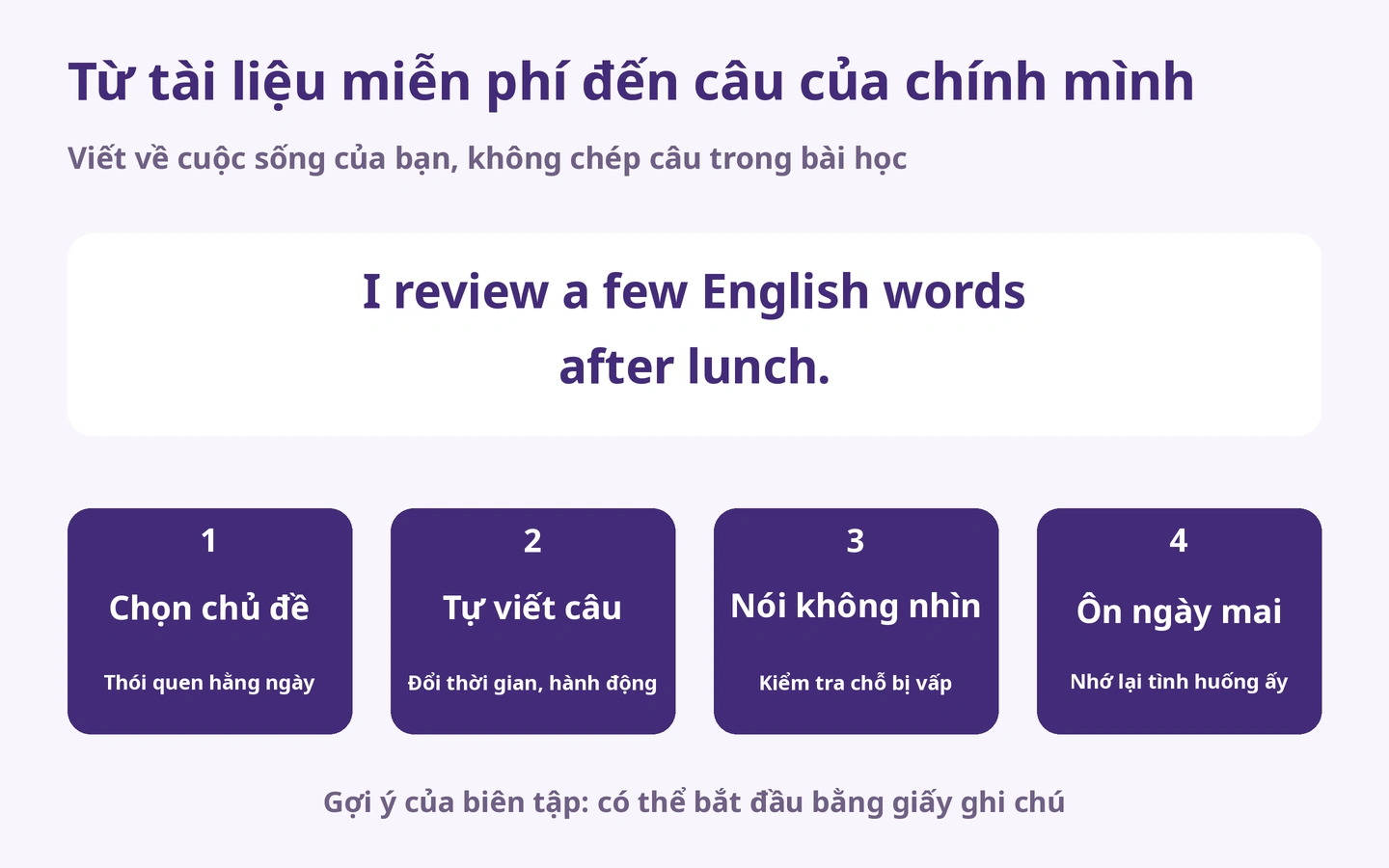 Từ tài liệu miễn phí đến câu của chính mình: Viết về cuộc sống của bạn, không chép câu trong bài học