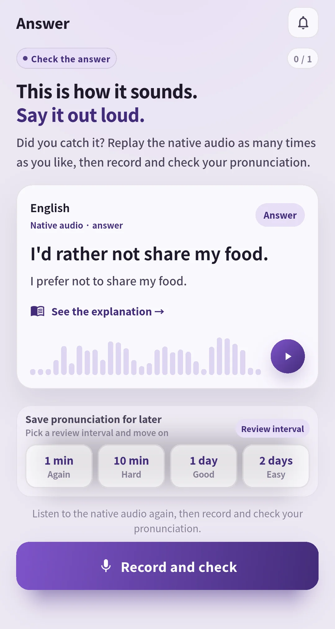 SpeakGain answer screen with audio and review interval choices