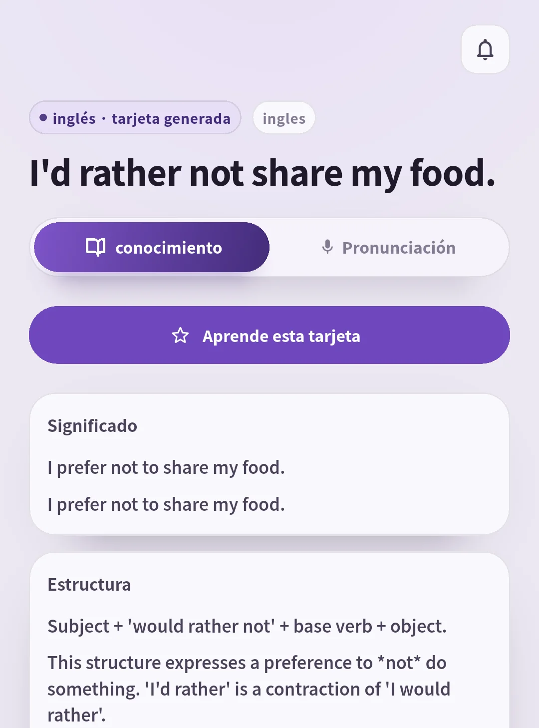Tarjeta de SpeakGain con significado y estructura de la frase sobre comida