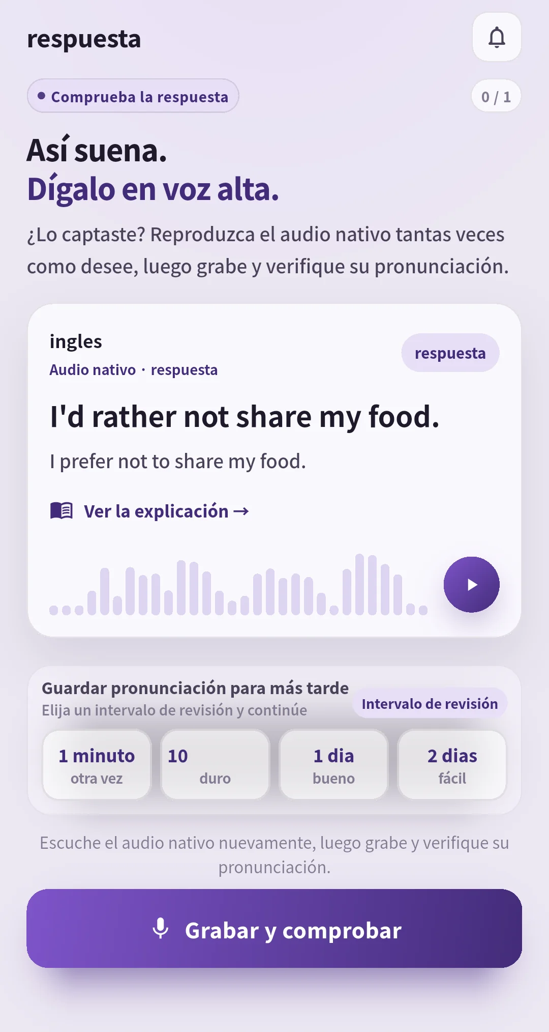 Pantalla de respuesta de SpeakGain con audio e intervalos de repaso