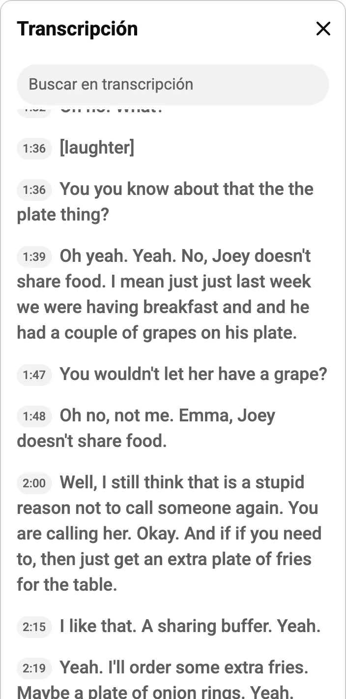 Transcripción de YouTube con la frase de Joey en 1:39 y 1:48