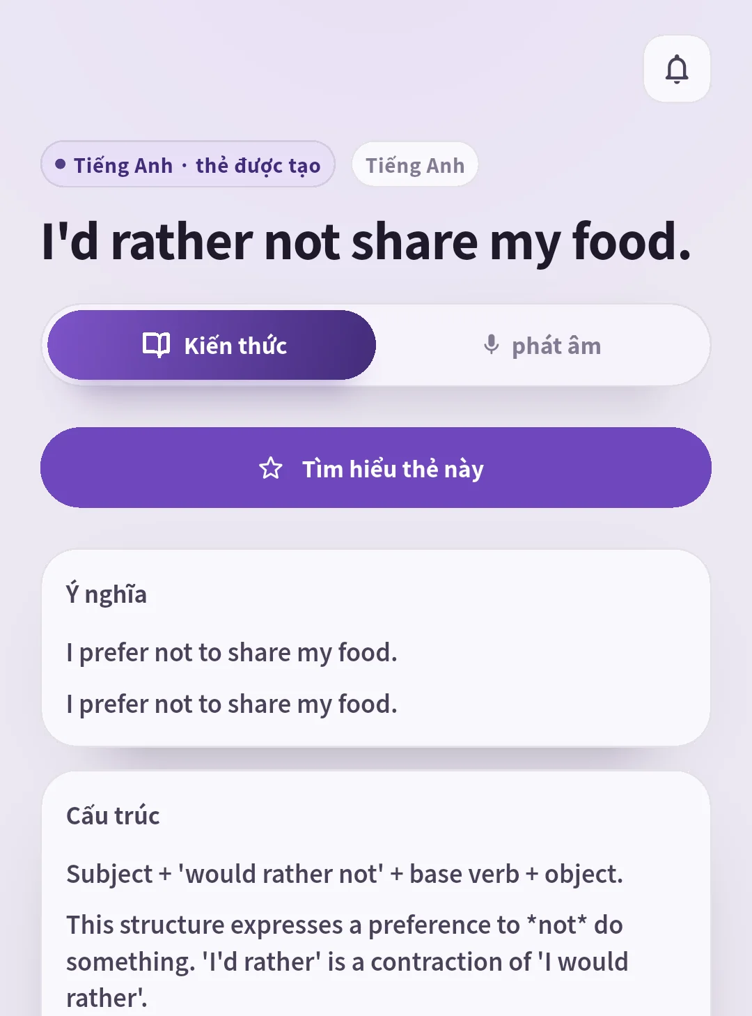 Thẻ SpeakGain hiển thị nghĩa và cấu trúc câu từ chối chia đồ ăn