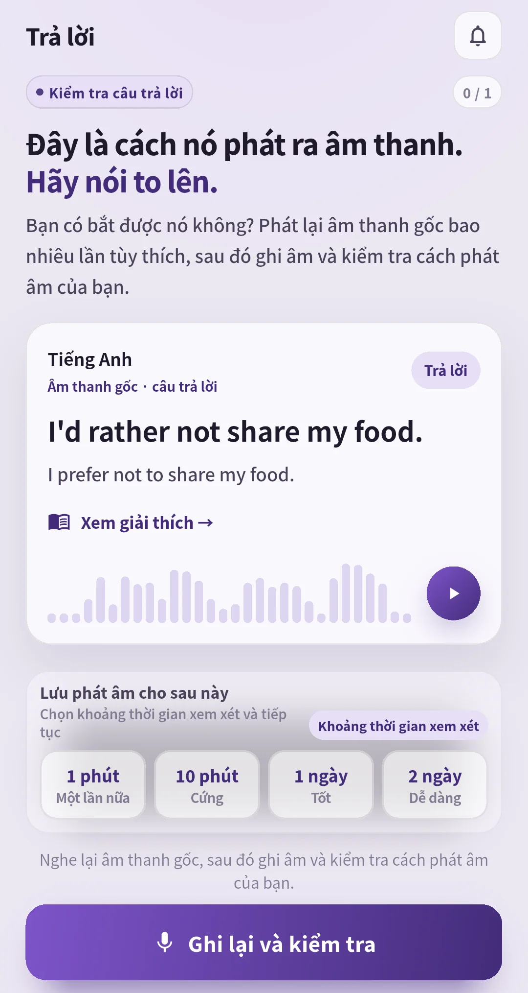 Màn hình đáp án SpeakGain có âm thanh và lựa chọn ôn tập