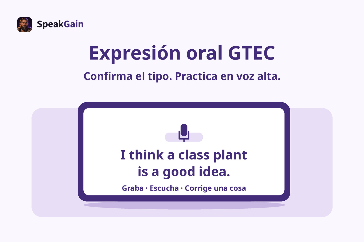 Una tableta de práctica sobre un pupitre con un símbolo de micrófono y una opinión breve en inglés