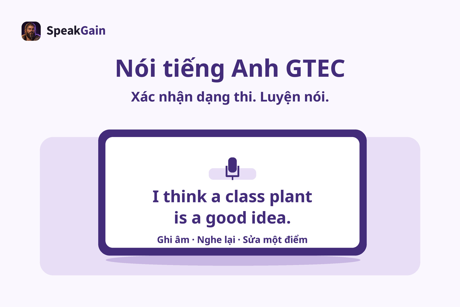 Máy tính bảng luyện tập trên bàn học, có biểu tượng mic và một ý kiến ngắn bằng tiếng Anh