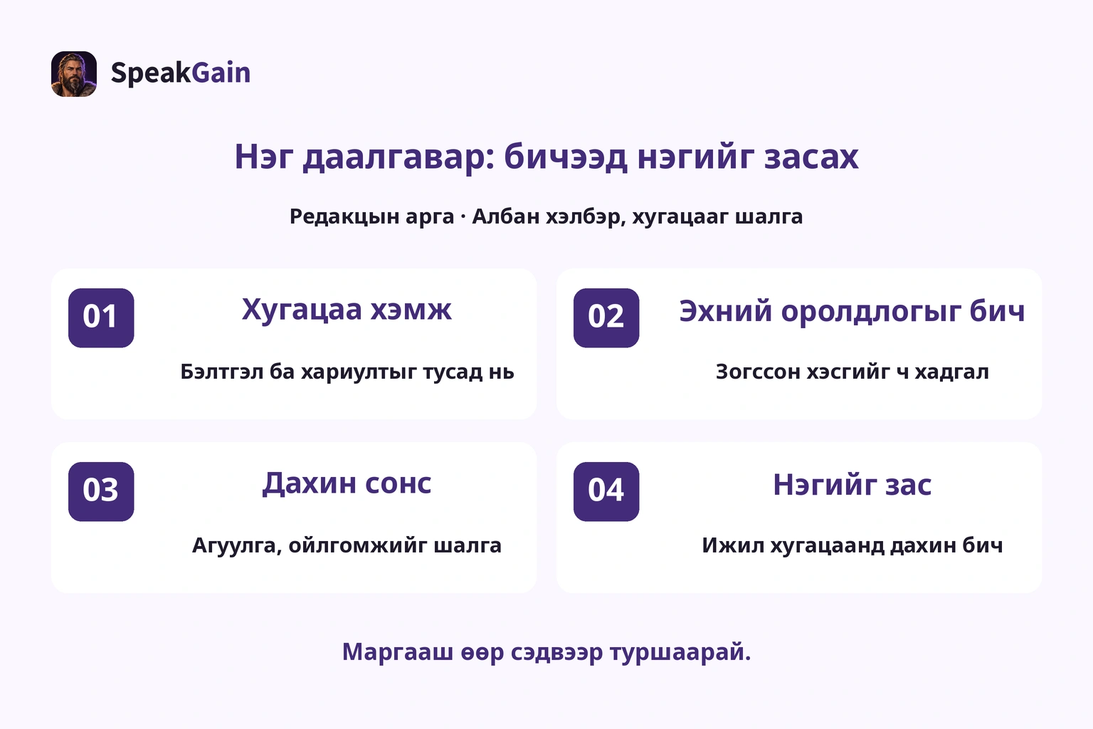 Редакцын арга: хугацаа хэмжиж, эхний хариугаа бичээд нэг зүйл засна.