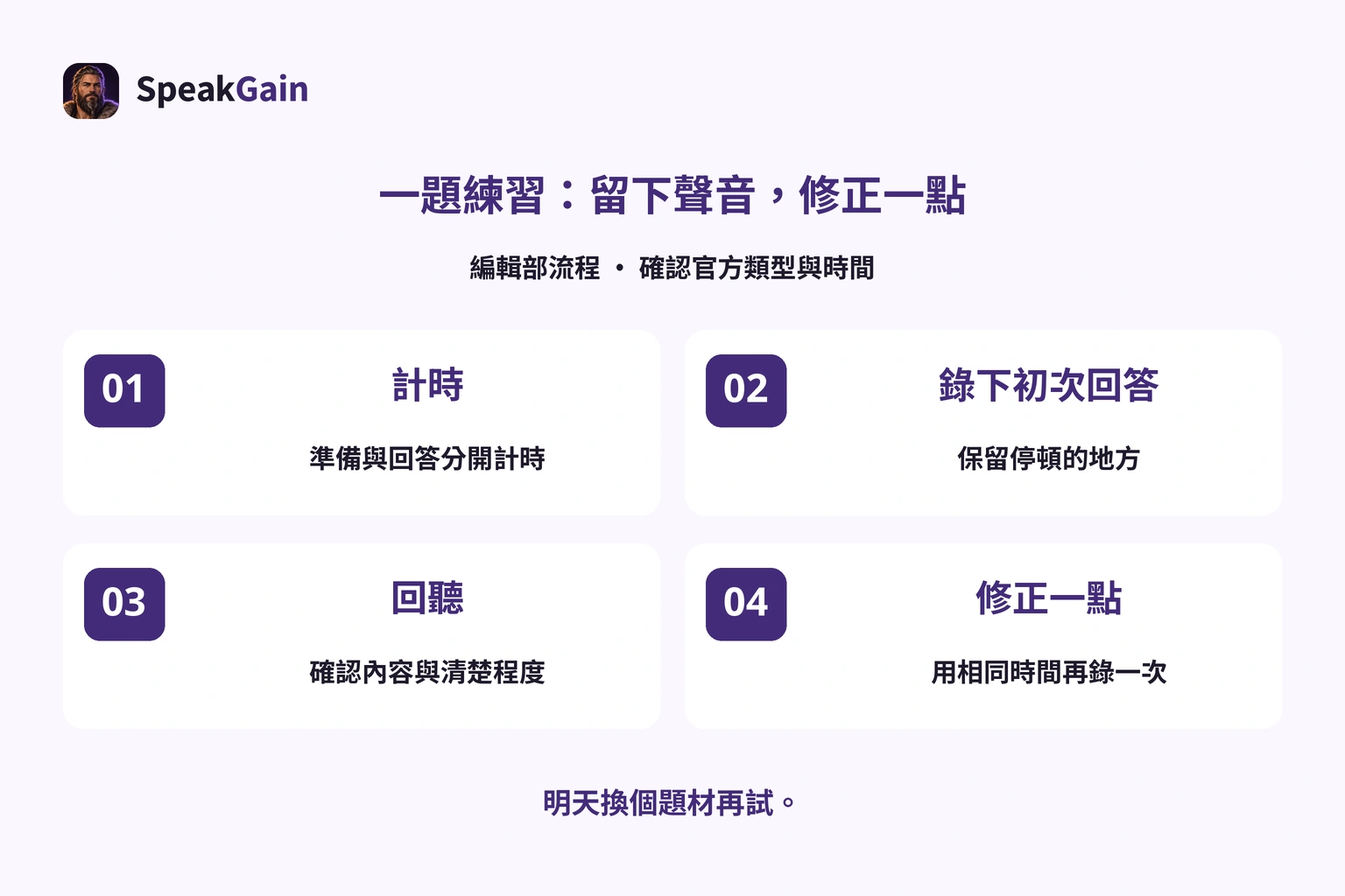 編輯部流程：計時、錄下初次回答，再修正一點。