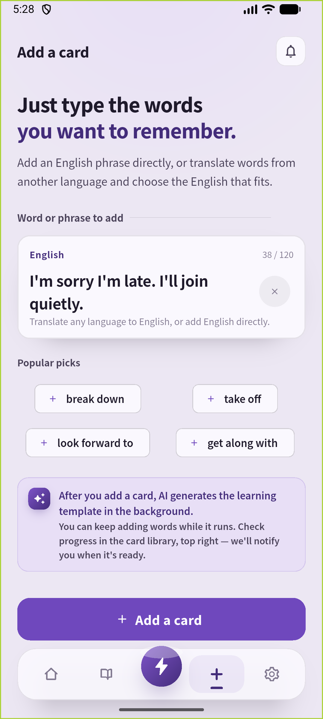SpeakGain Add screen with the meeting apology entered in English