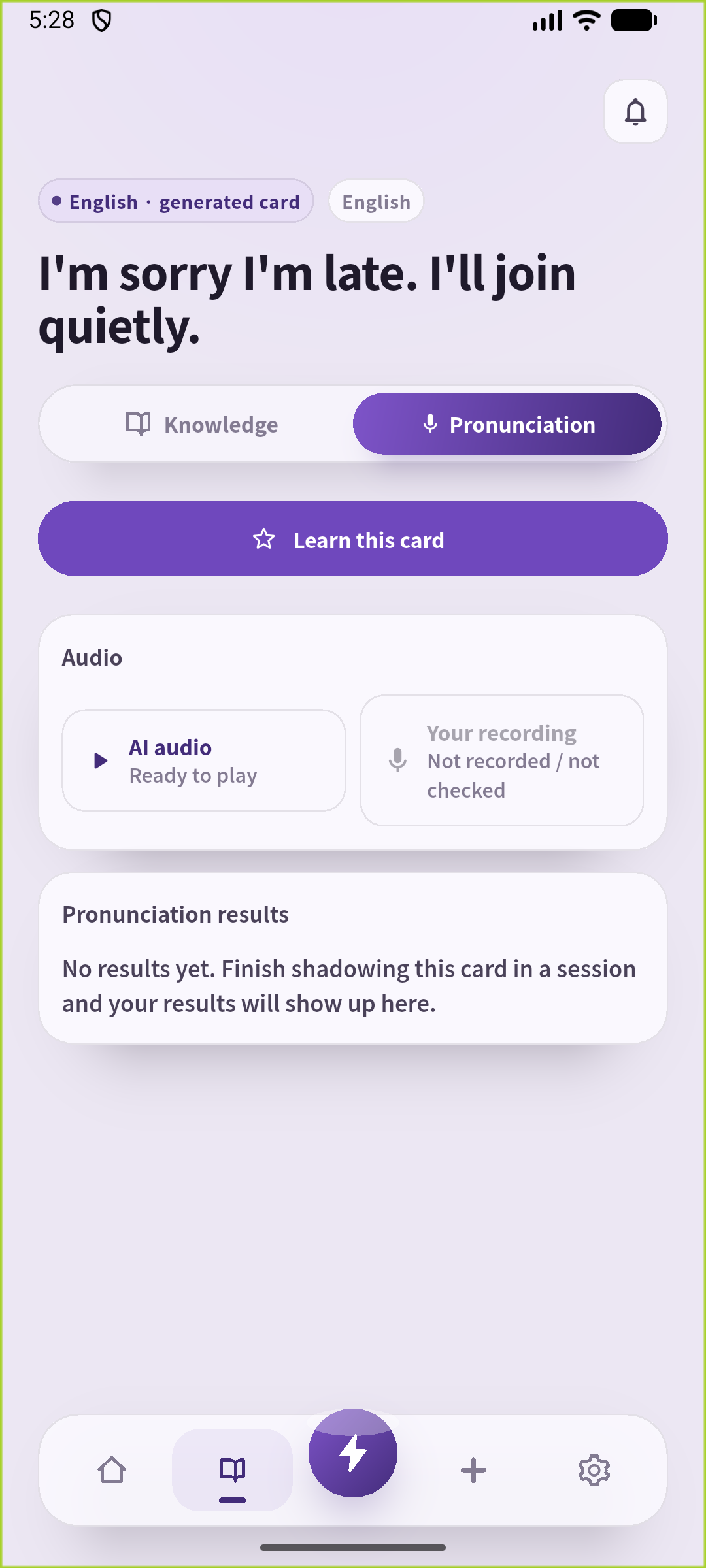 SpeakGain pronunciation screen with the saved apology and playable AI audio
