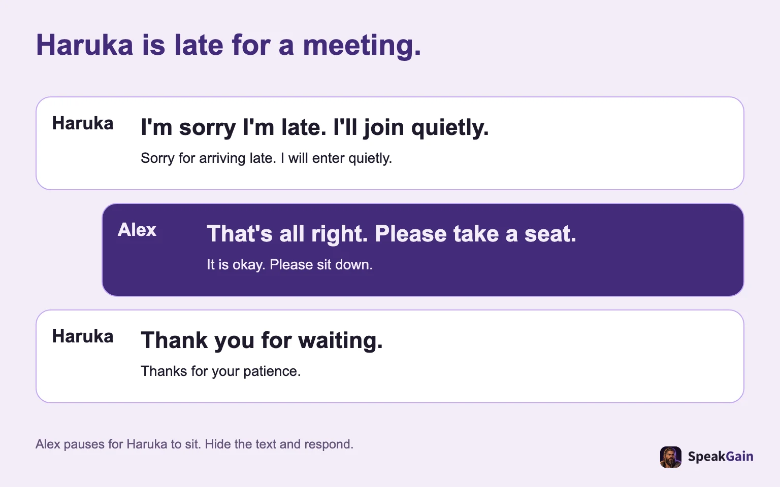 Haruka is late for a meeting. Sorry for arriving late. I will enter quietly. / It is okay. Please sit down. / Thanks for your patience.