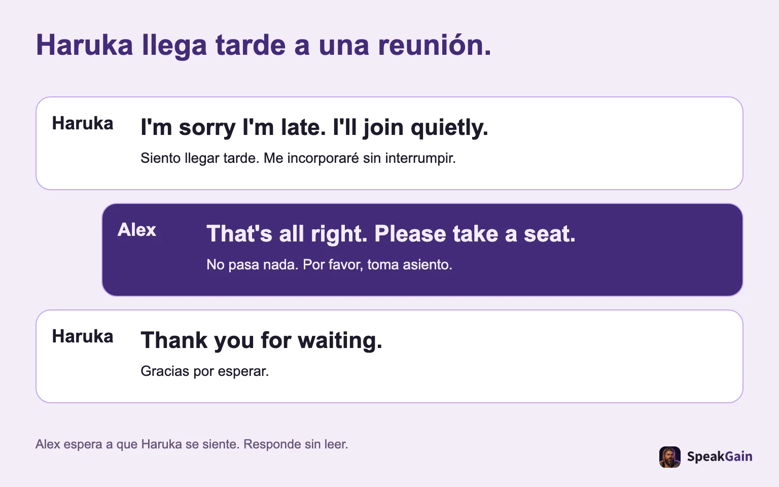 Haruka llega tarde a una reunión. Siento llegar tarde. Me incorporaré sin interrumpir. / No pasa nada. Por favor, toma asiento. / Gracias por esperar.