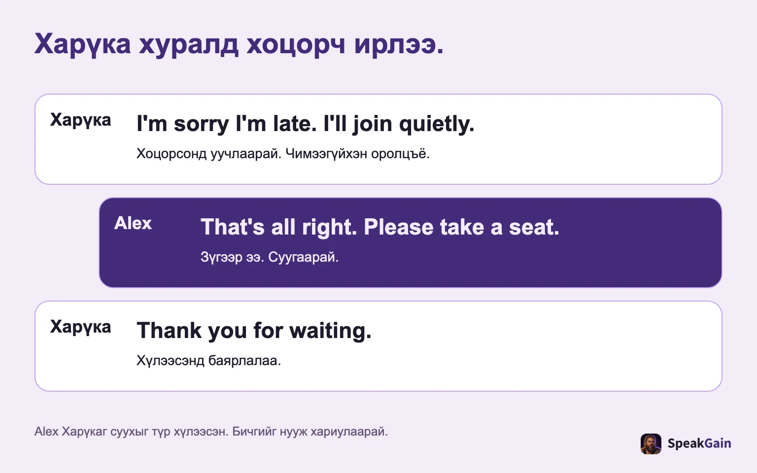 Харүка хуралд хоцорч ирлээ. Хоцорсонд уучлаарай. Чимээгүйхэн оролцъё. / Зүгээр ээ. Суугаарай. / Хүлээсэнд баярлалаа.