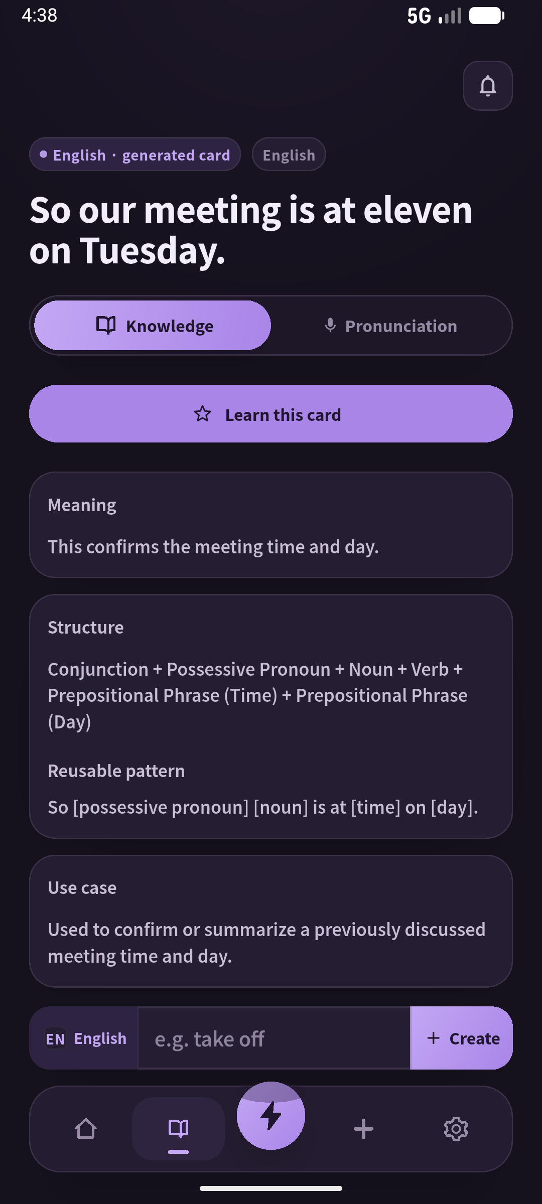 Check what the final sentence confirms, then change the day and time to match your plans. Screen: SpeakGain.