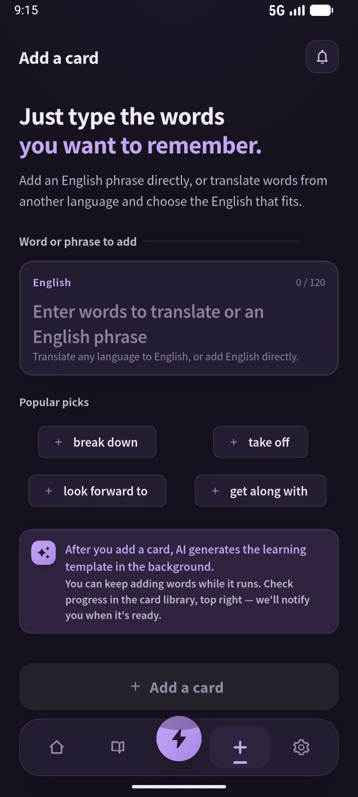 หน้าจอเพิ่มบัตร SpeakGain บน Android Emulator มีช่องใส่ประโยคอังกฤษและคำอธิบายการสร้างบัตร