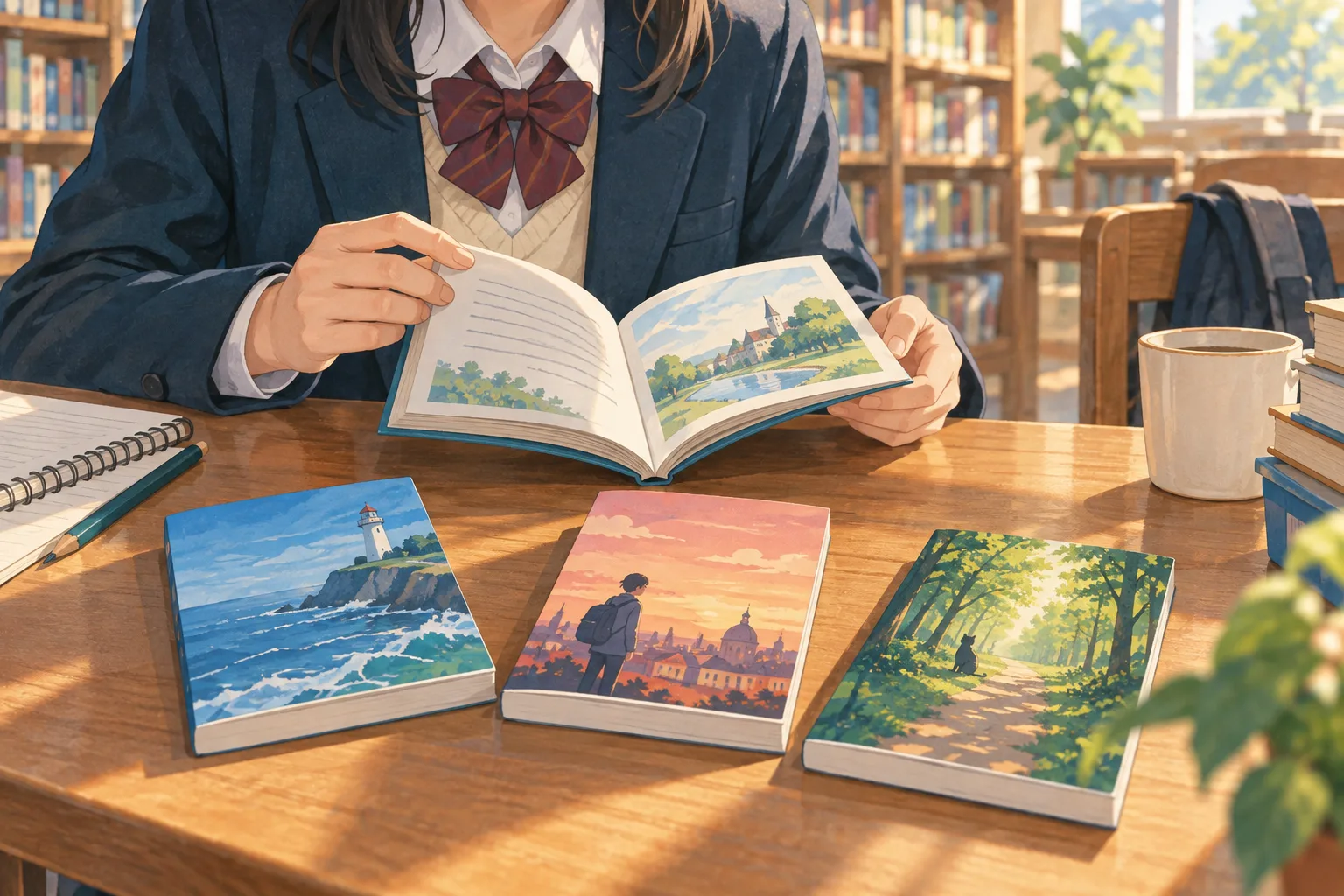 นักเรียนเปิดหนังสือภาษาอังกฤษหนึ่งเล่มจากสามเล่มบนโต๊ะในห้องสมุด