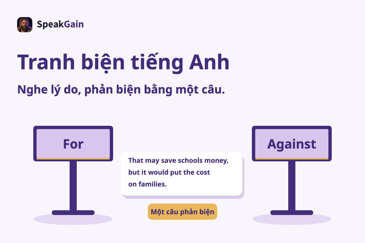 Hai bảng For và Against với câu phản biện về chi phí mà gia đình phải gánh