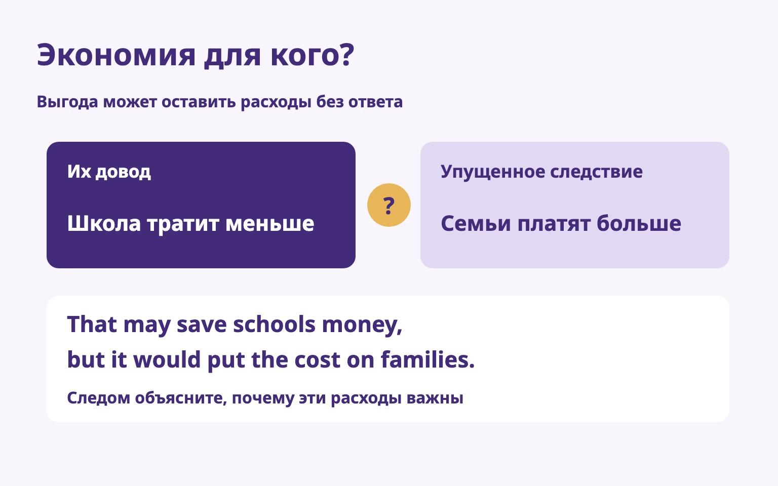 Экономия школы может переложить расходы на семьи; возражение уточняет, кто платит