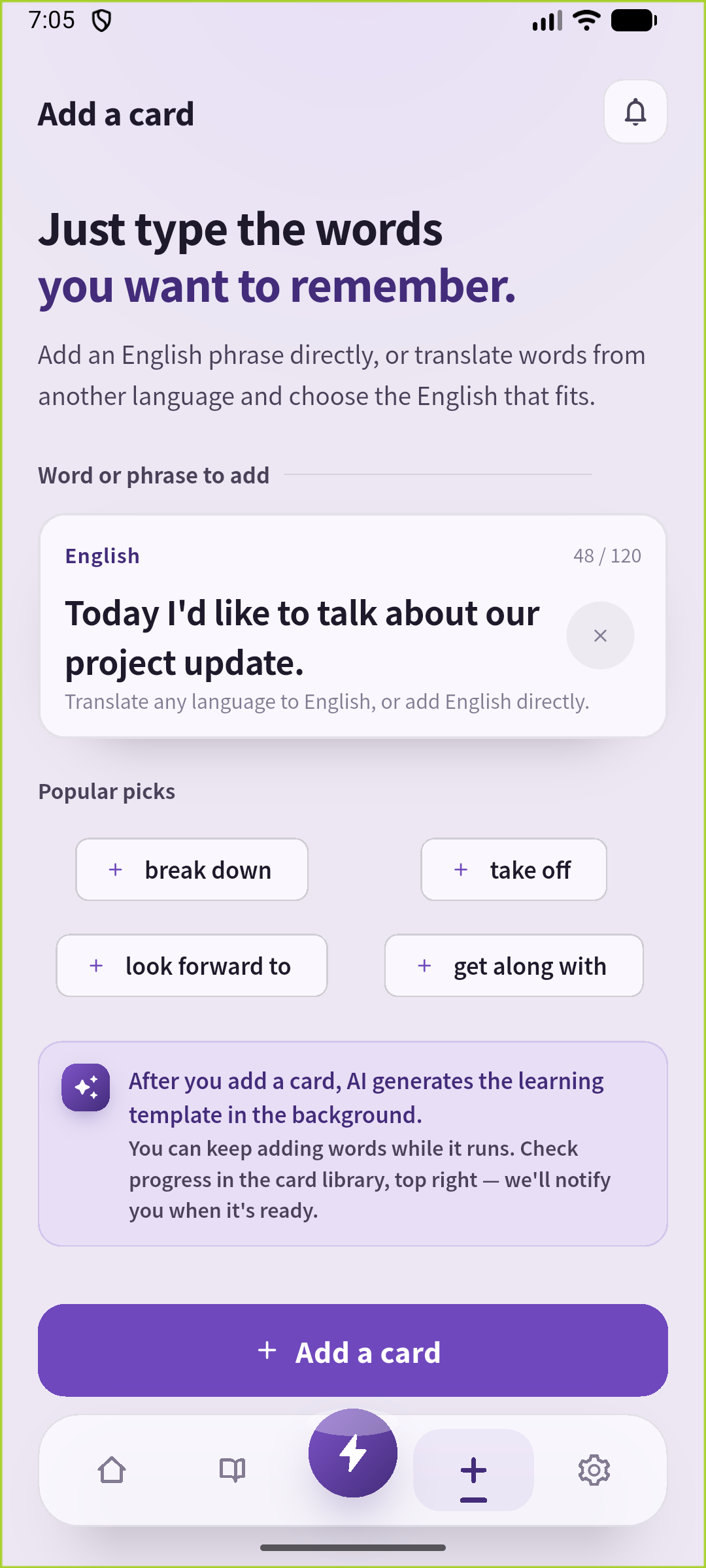 SpeakGain Add screen with the English project-update opening entered