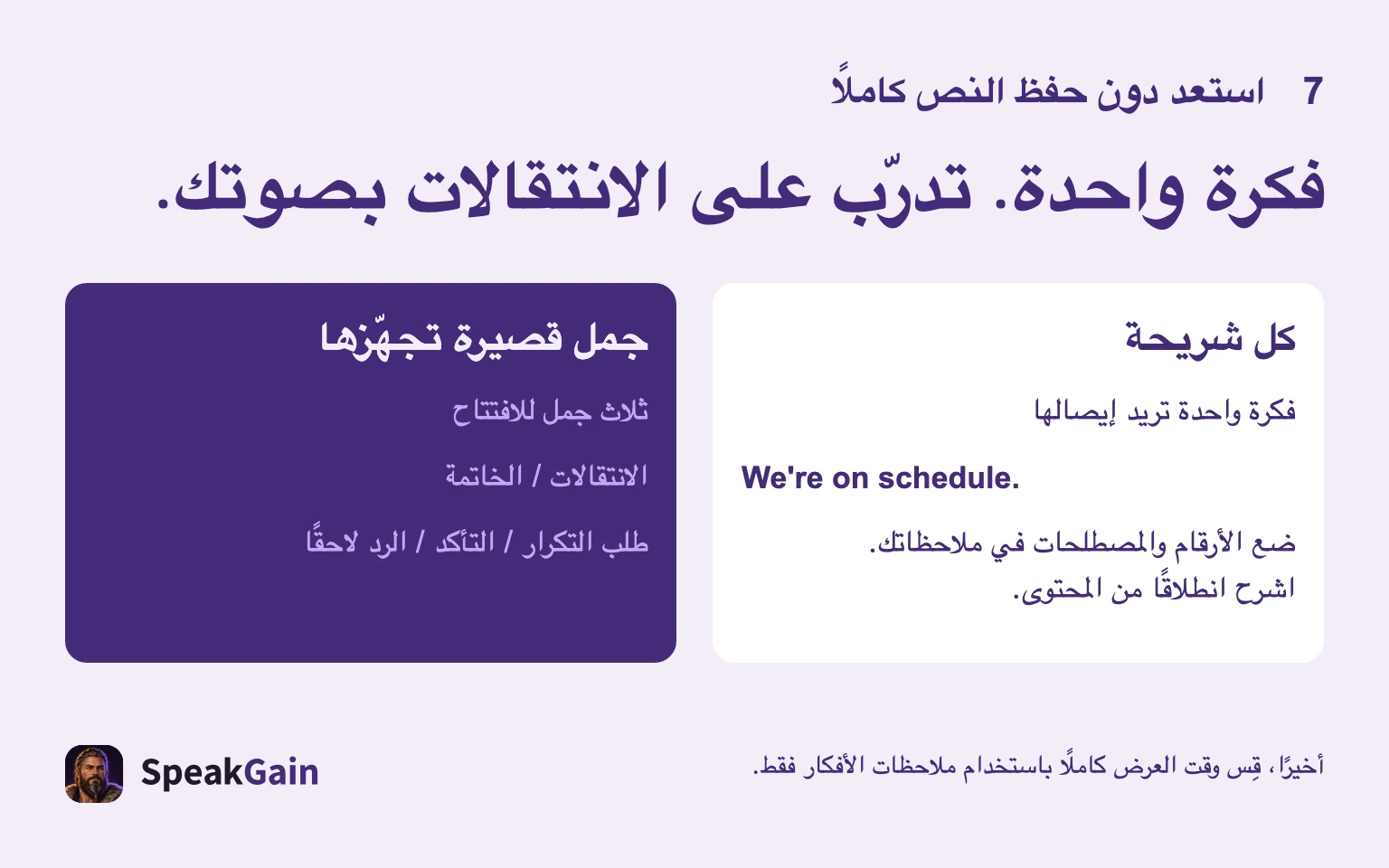 رسالة واحدة لكل شريحة؛ تدرب على الجمل الثلاث والانتقالات والخاتمة والردود.