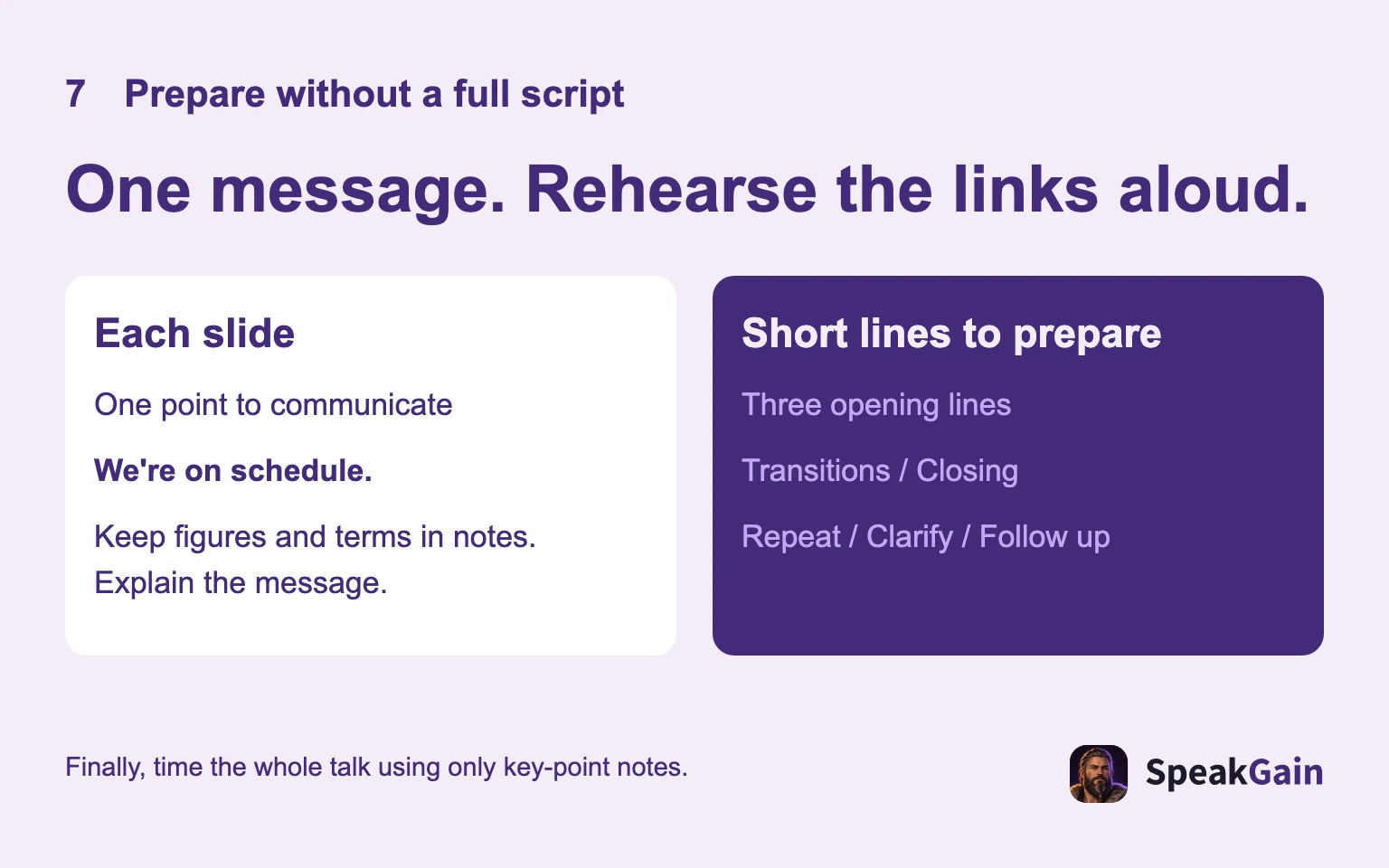 One key message per slide; rehearse the opening three lines, transitions, closing and Q&A replies.
