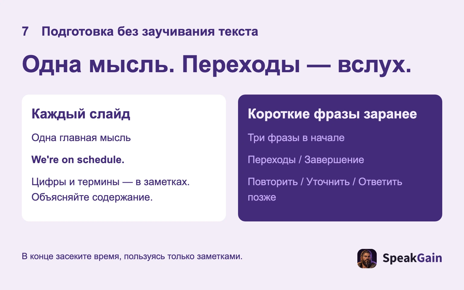 Одна мысль на слайд; тренируйте первые три предложения, переходы, завершение и ответы.