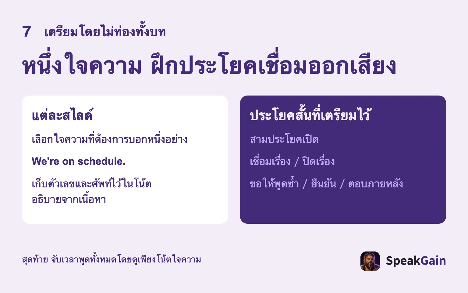 หนึ่งใจความต่อสไลด์ ฝึกสามประโยคเปิด คำเชื่อม ปิดท้าย และตอบคำถาม