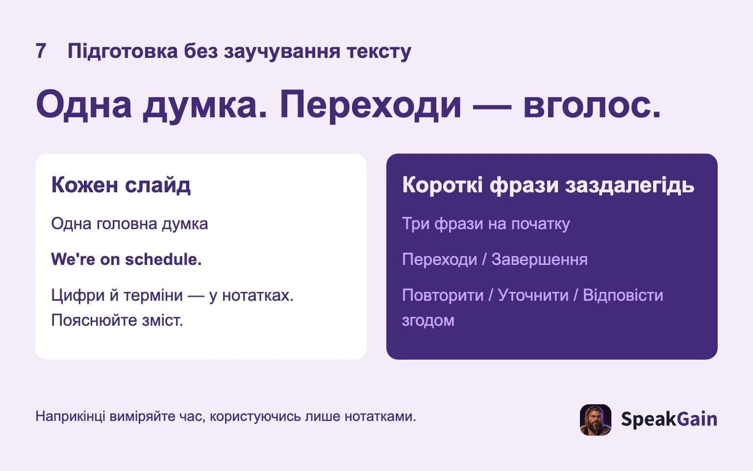Одна думка на слайд; тренуйте перші три речення, переходи, завершення й відповіді.