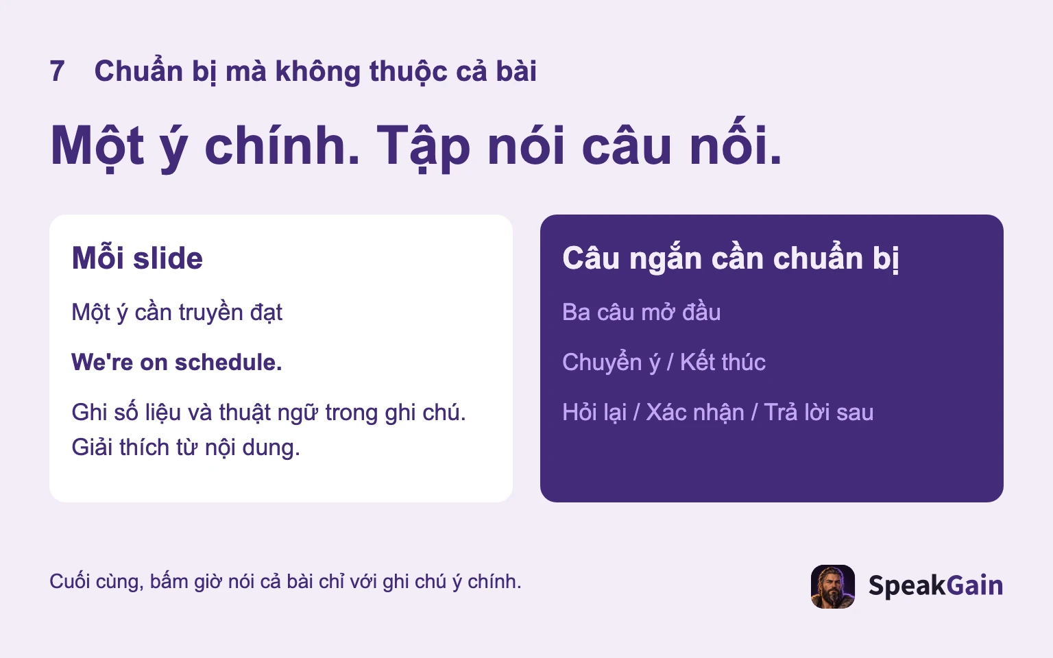 Một thông điệp mỗi slide; tập ba câu mở đầu, chuyển ý, kết thúc và câu đáp.
