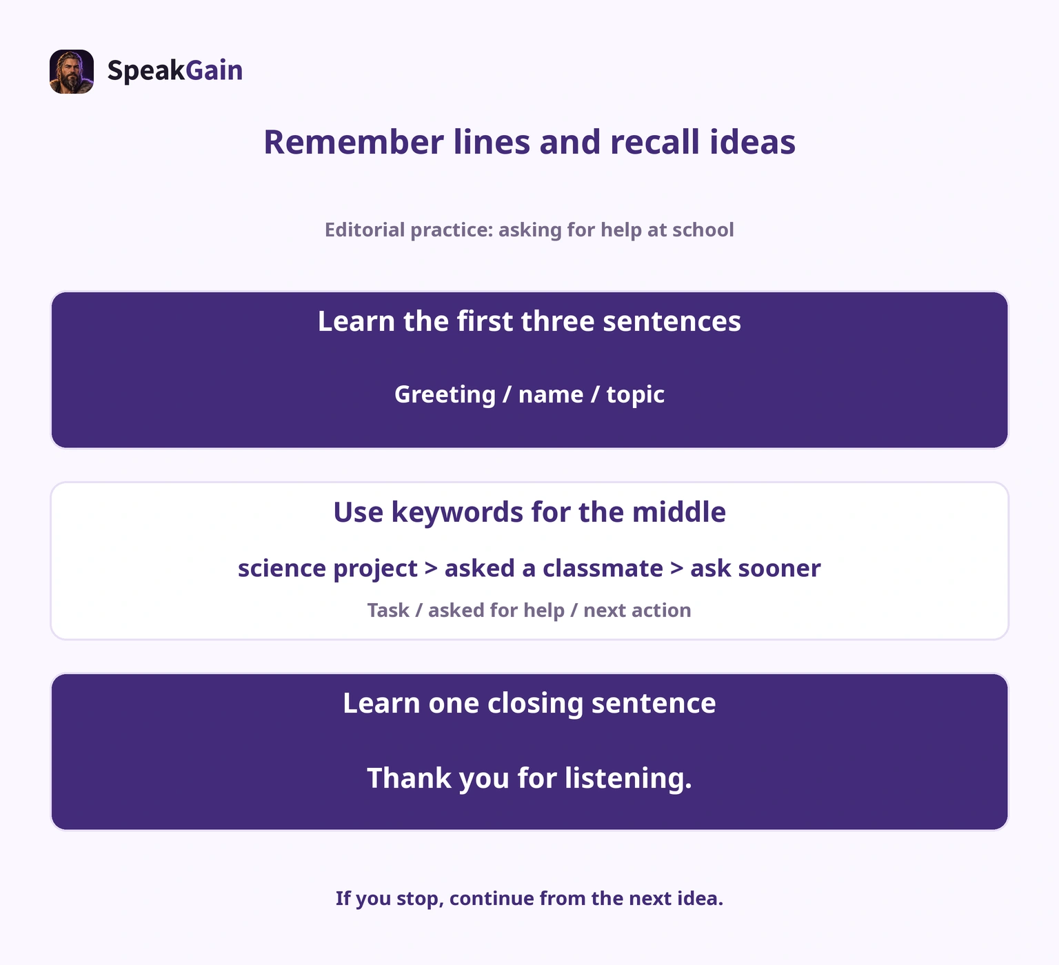 Learn the first three sentences and a closing line, then explain the middle from keywords: task, help and next action.