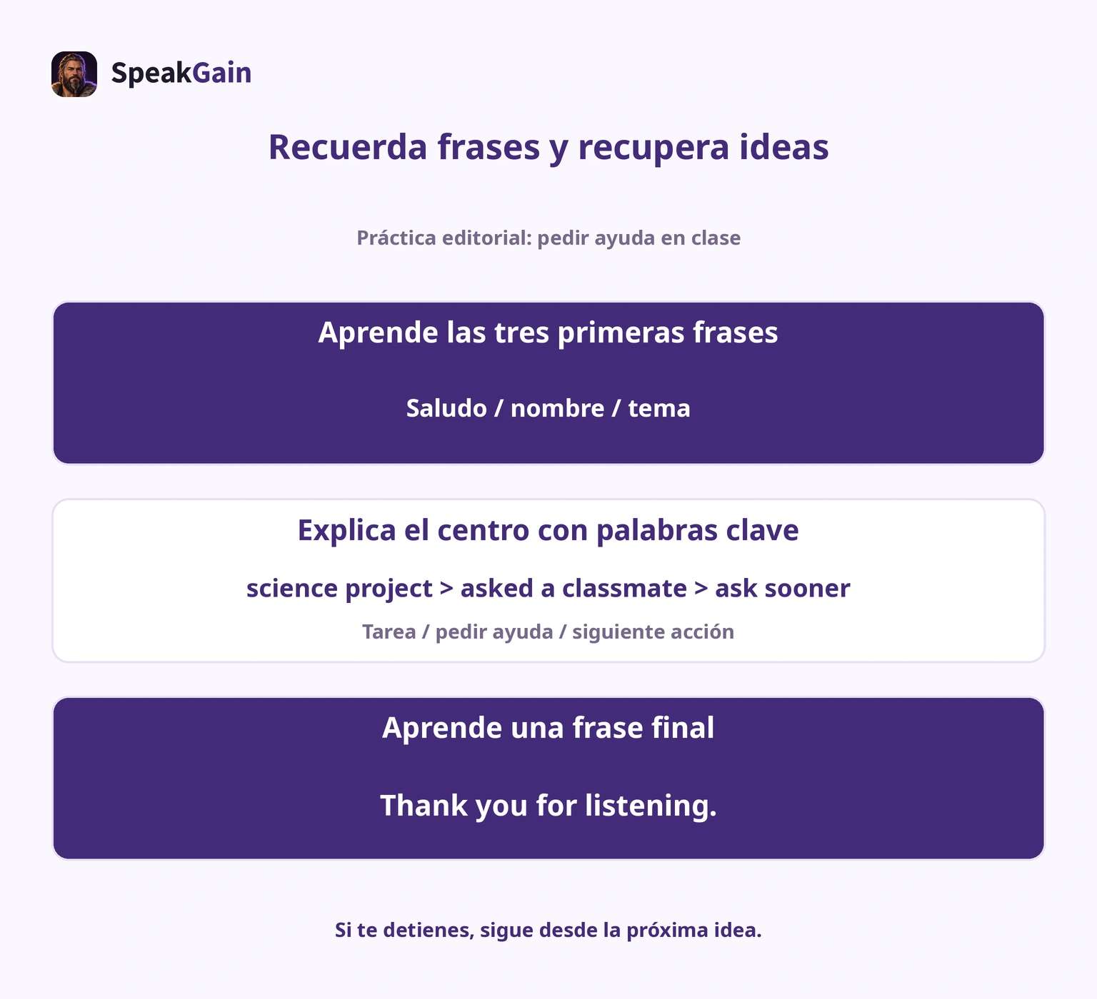 Memoriza las tres primeras frases y una frase final; recuerda el desarrollo con palabras clave en orden.