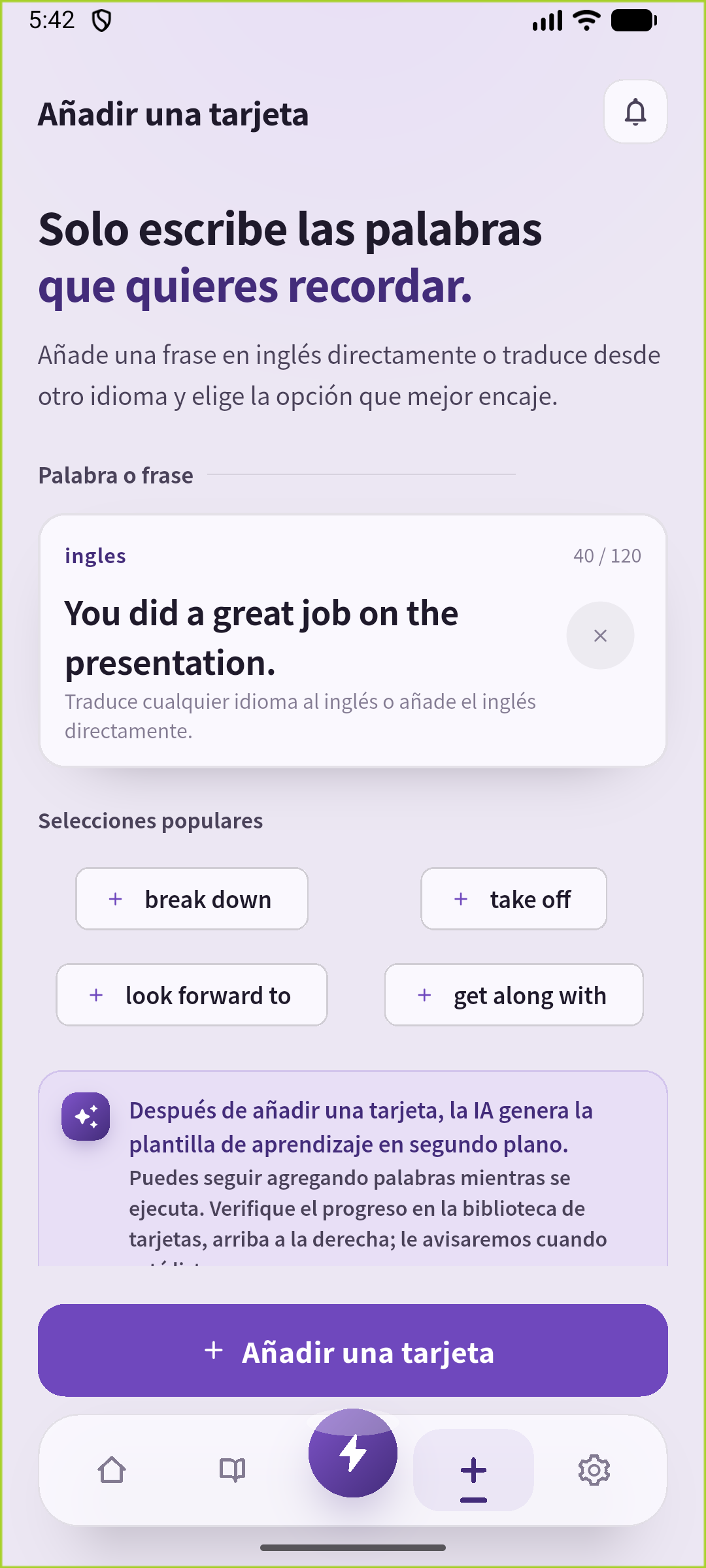 Pantalla Añadir de SpeakGain con el cumplido sobre la presentación