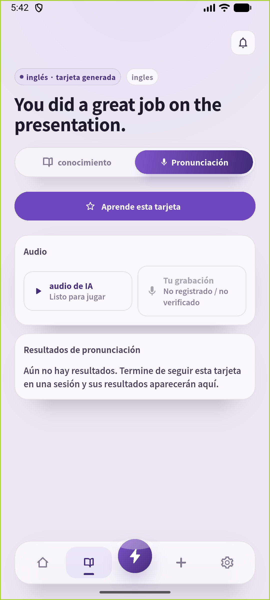 Pantalla de pronunciación de SpeakGain con la frase sobre la presentación
