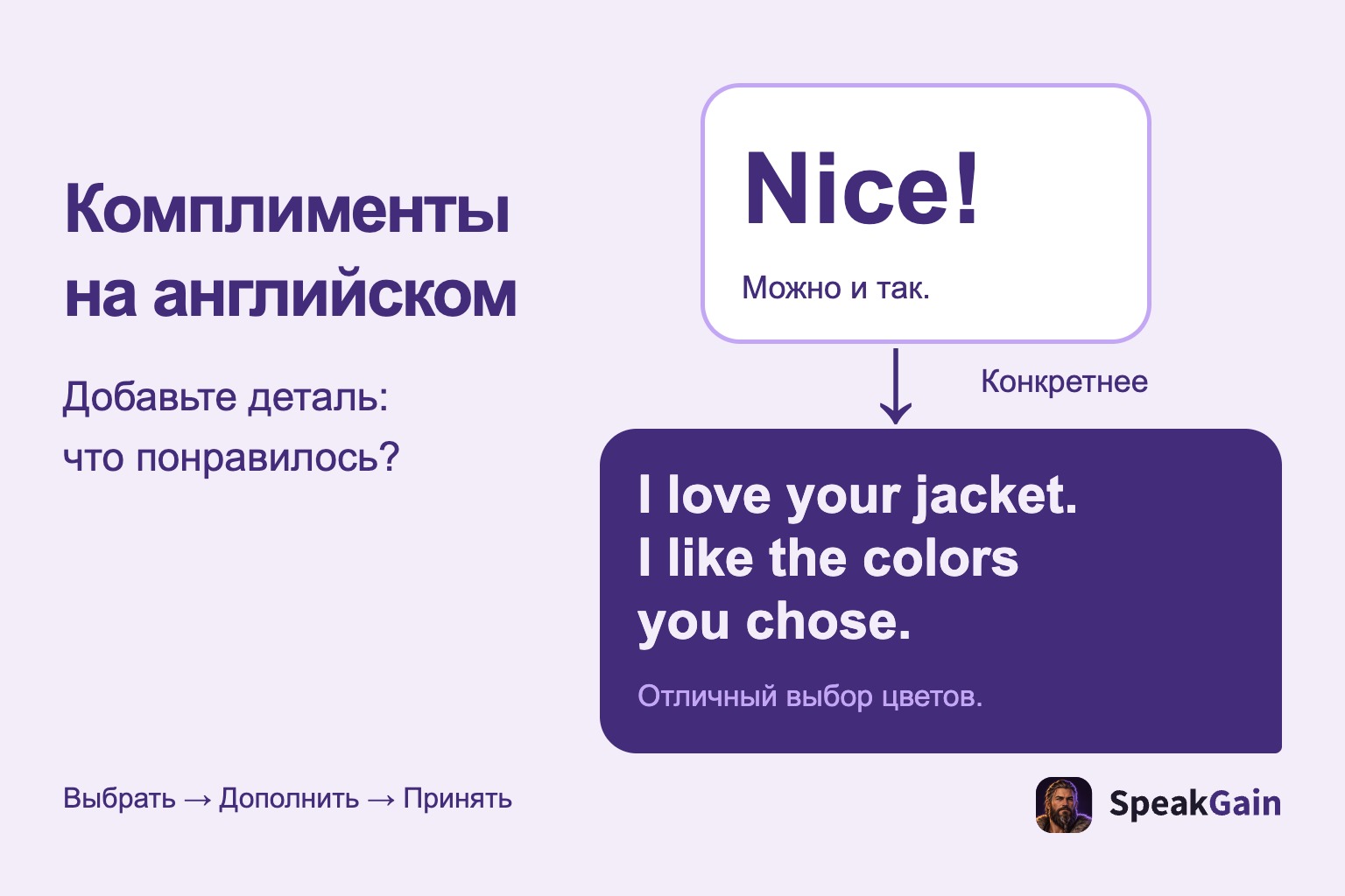Комплименты на английском — Добавьте деталь: что понравилось?