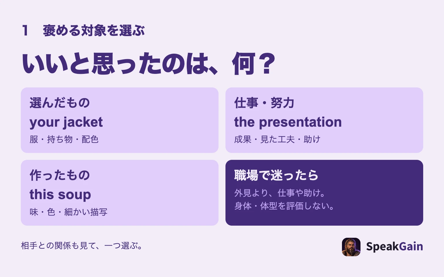 選んだものはyour jacket、仕事はthe presentation、作ったものはthis soup。職場で迷ったら外見より仕事や助けを選ぶ図