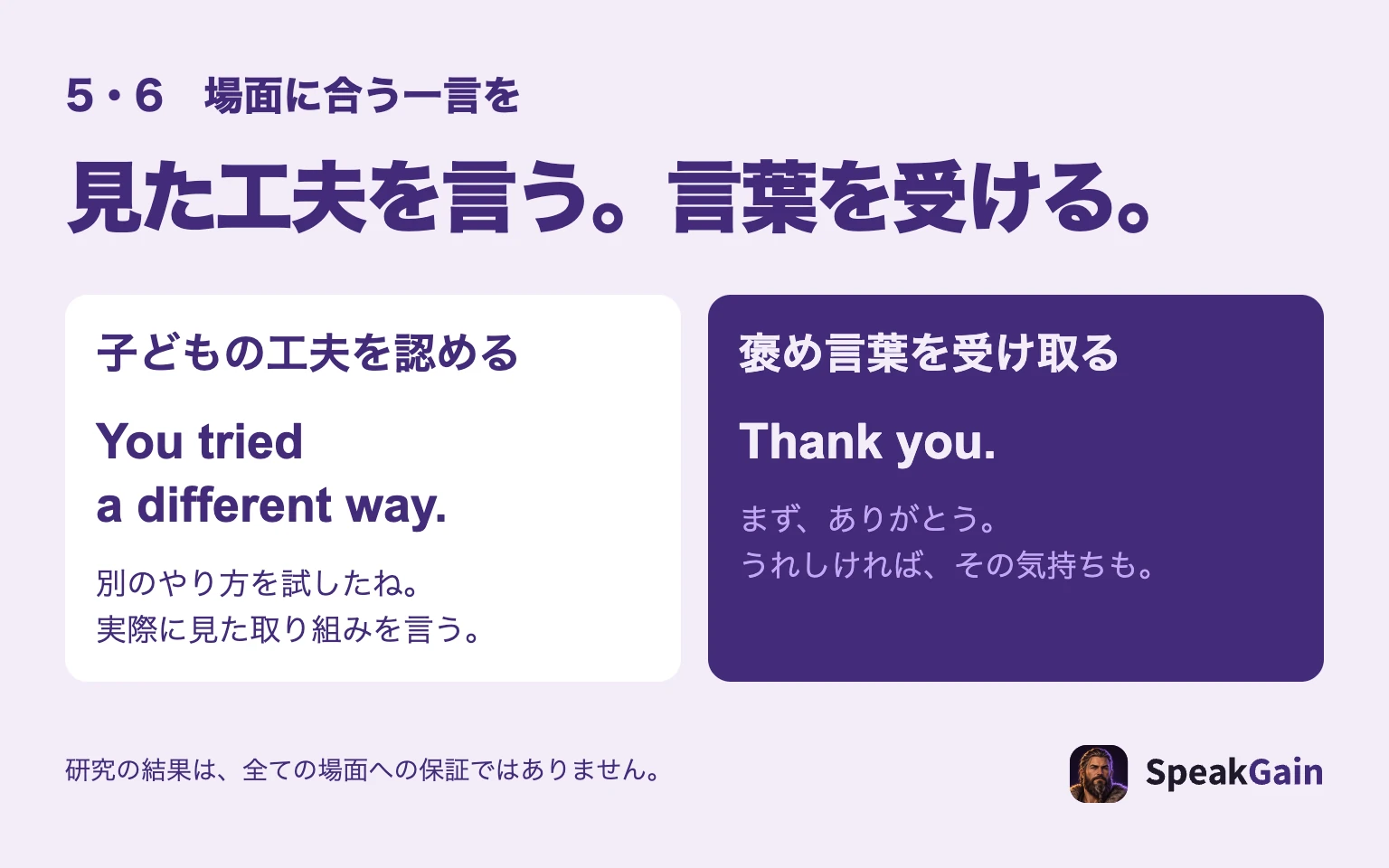 子どもには試した工夫を言葉にする。褒められた側はThank youから受け取る。二つの場面を分けた図