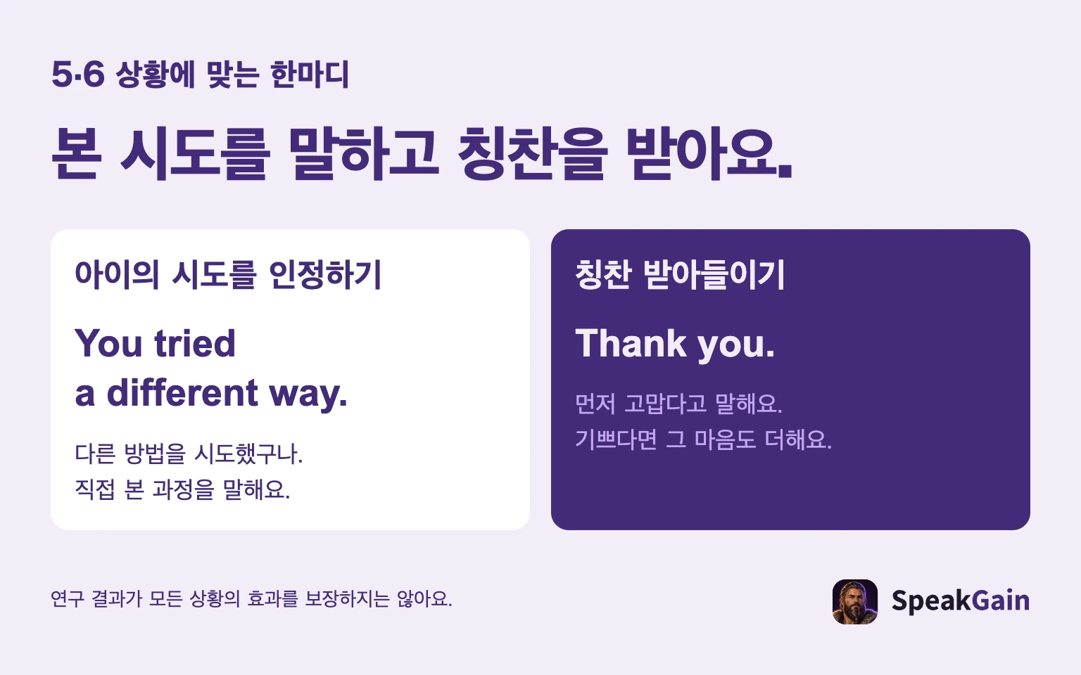 본 시도를 말하고 칭찬을 받아요.: 아이의 시도를 인정하기: 다른 방법을 시도했구나. 직접 본 과정을 말해요.: 칭찬 받아들이기: 먼저 고맙다고 말해요. 기쁘다면 그 마음도 더해요.