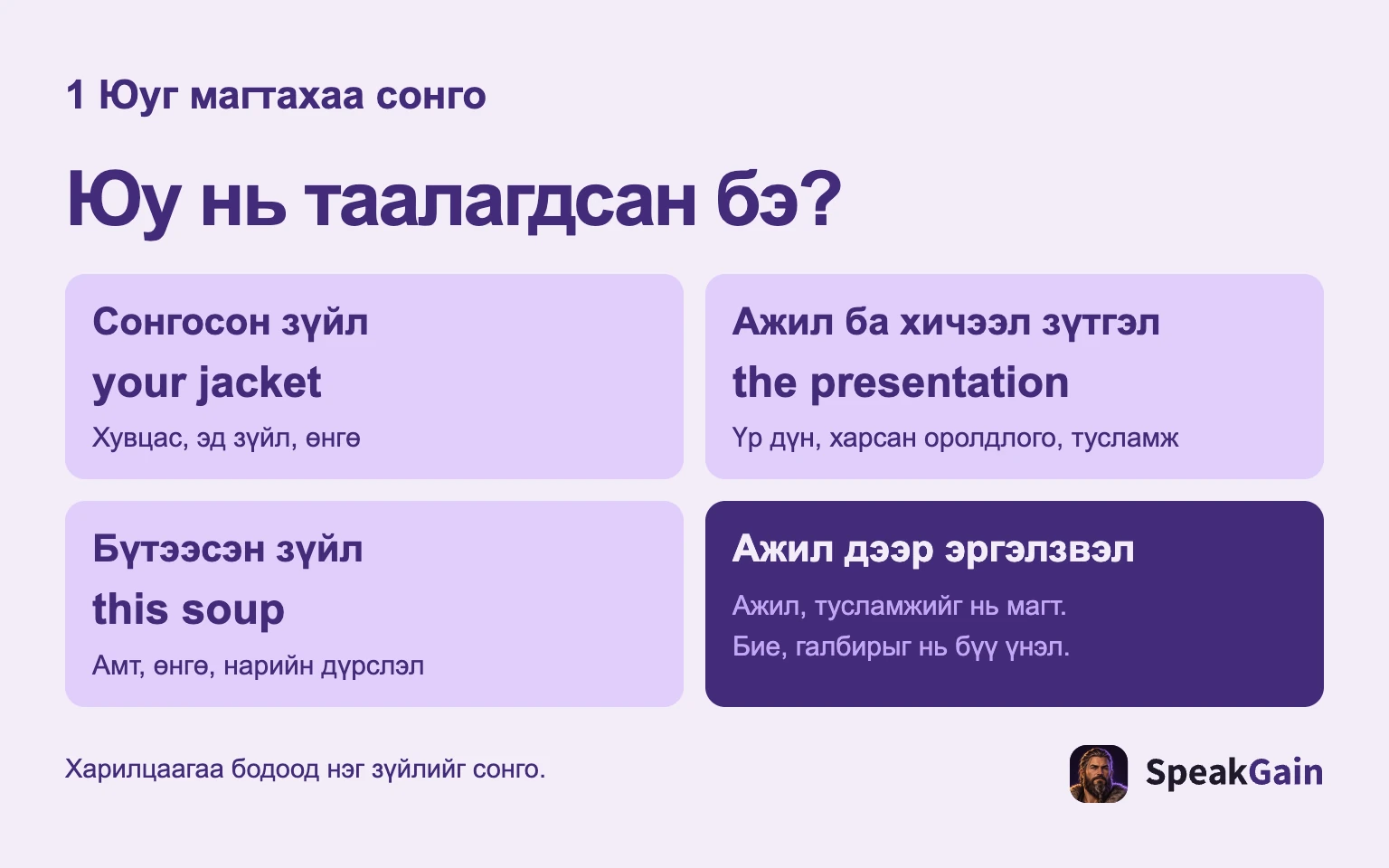 Юу нь таалагдсан бэ?: Сонгосон зүйл: Хувцас, эд зүйл, өнгө: Ажил ба хичээл зүтгэл: Үр дүн, харсан оролдлого, тусламж: Бүтээсэн зүйл: Амт, өнгө, нарийн дүрслэл: Ажил дээр эргэлзвэл: Ажил, тусламжийг нь магт. Бие, галбирыг нь бүү үнэл.