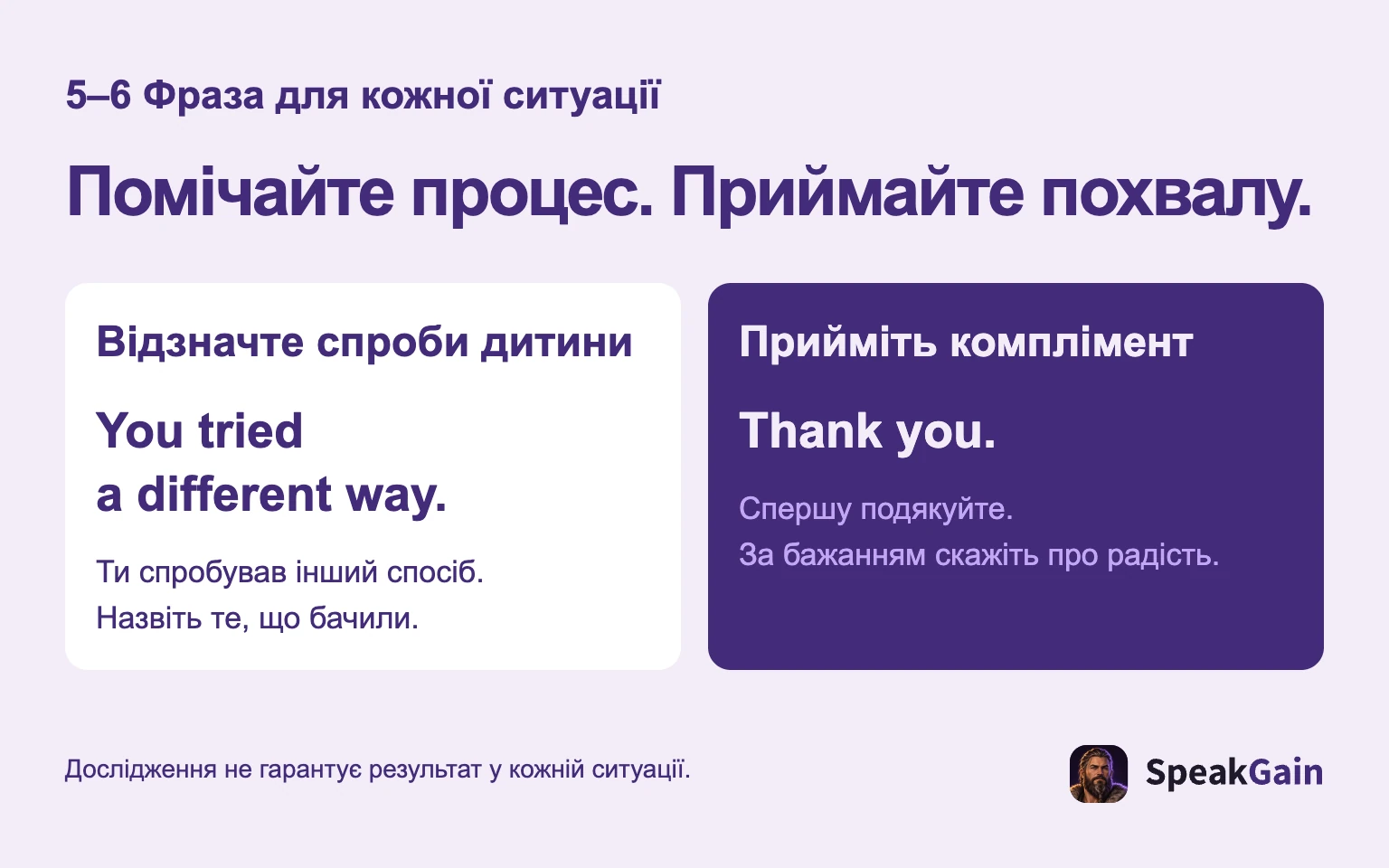 Помічайте процес. Приймайте похвалу.: Відзначте спроби дитини: Ти спробував інший спосіб. Назвіть те, що бачили.: Прийміть комплімент: Спершу подякуйте. За бажанням скажіть про радість.