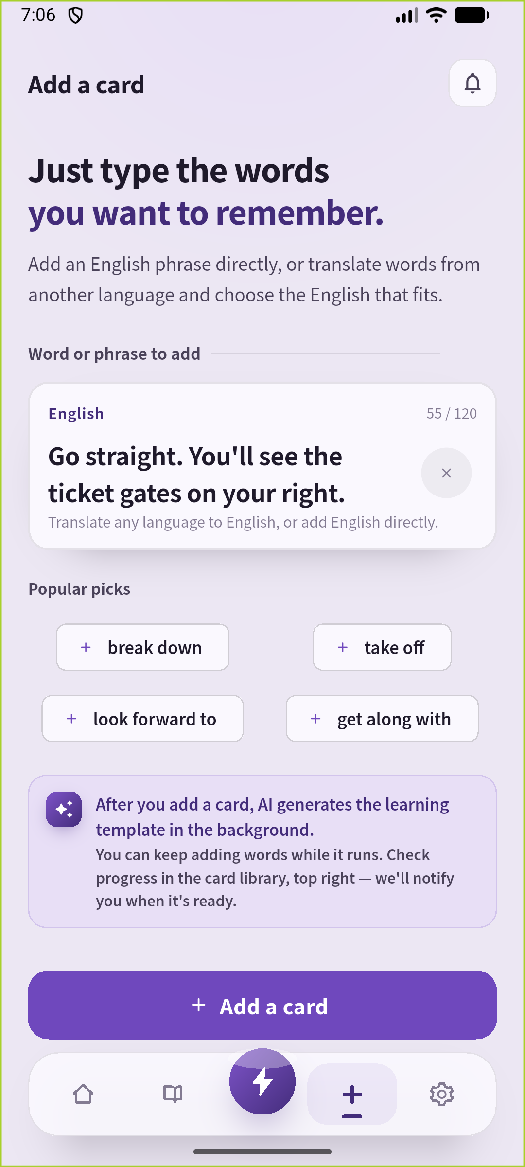 SpeakGain's Add screen containing the English sentence that guides someone straight ahead to the ticket gates on their right.