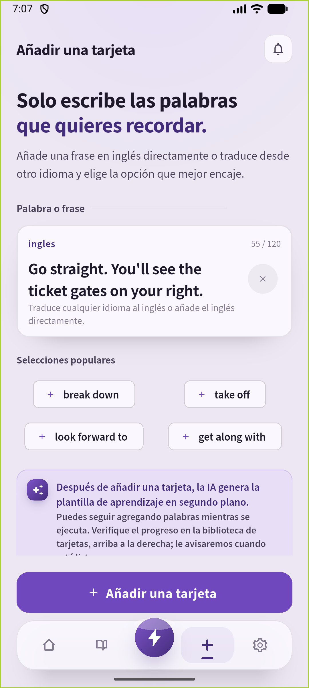 Pantalla de añadir de SpeakGain con la frase inglesa para ir recto hacia los tornos situados a la derecha.