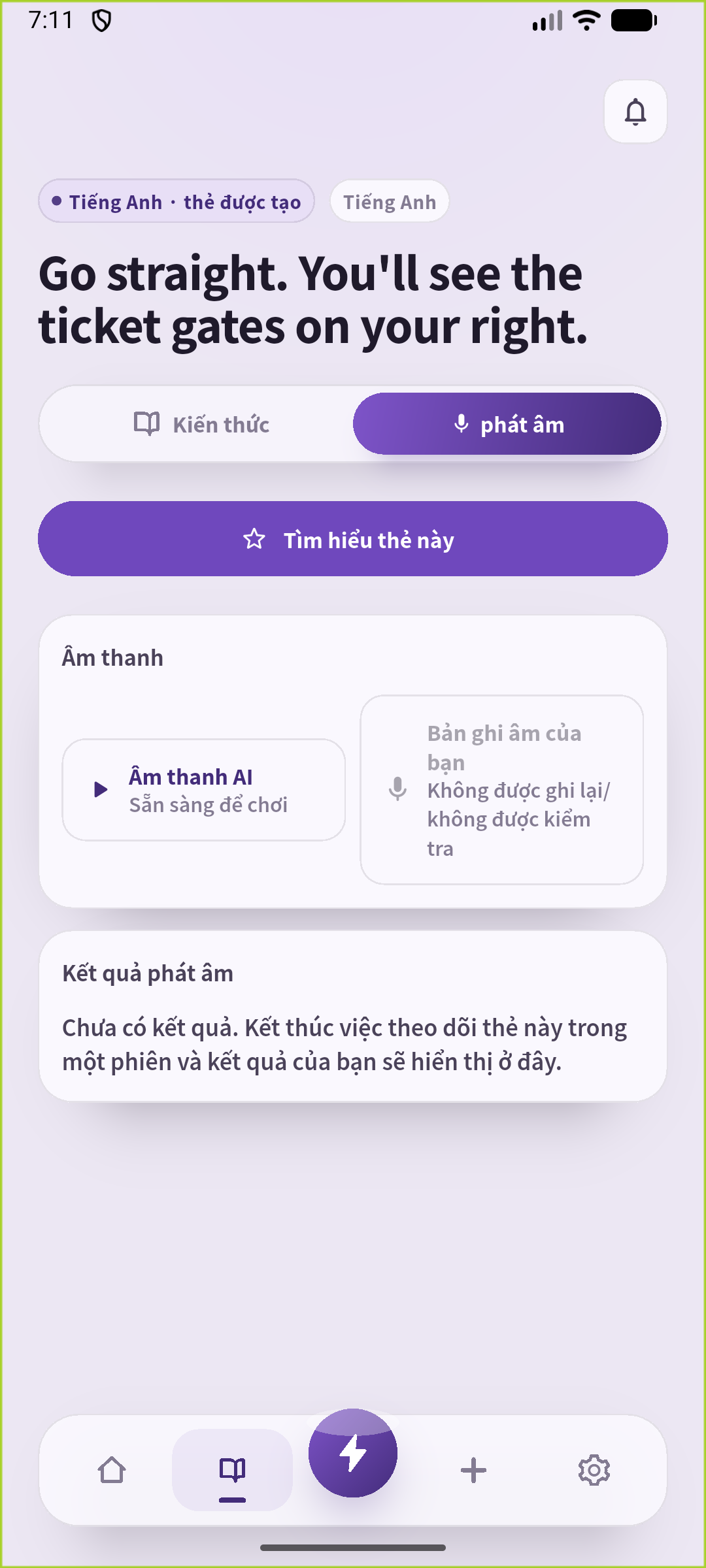 Màn hình phát âm của SpeakGain hiển thị câu chỉ cổng đã lưu và âm thanh AI.