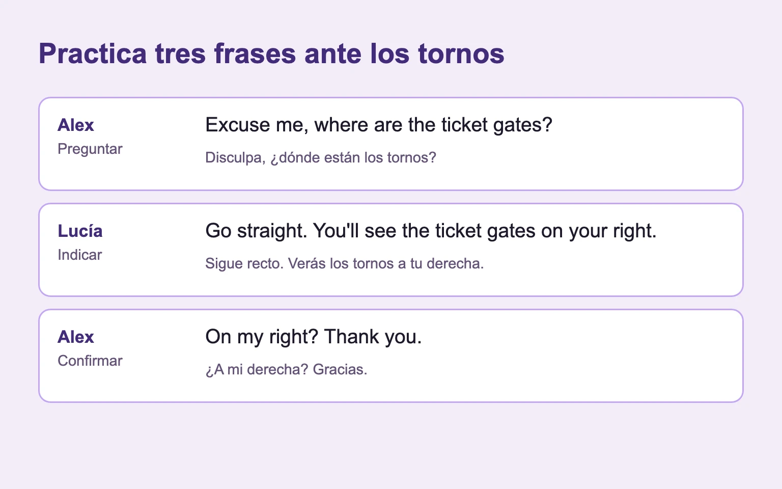 Alex pregunta por los tornos, Lucía indica la dirección y Alex confirma y agradece.